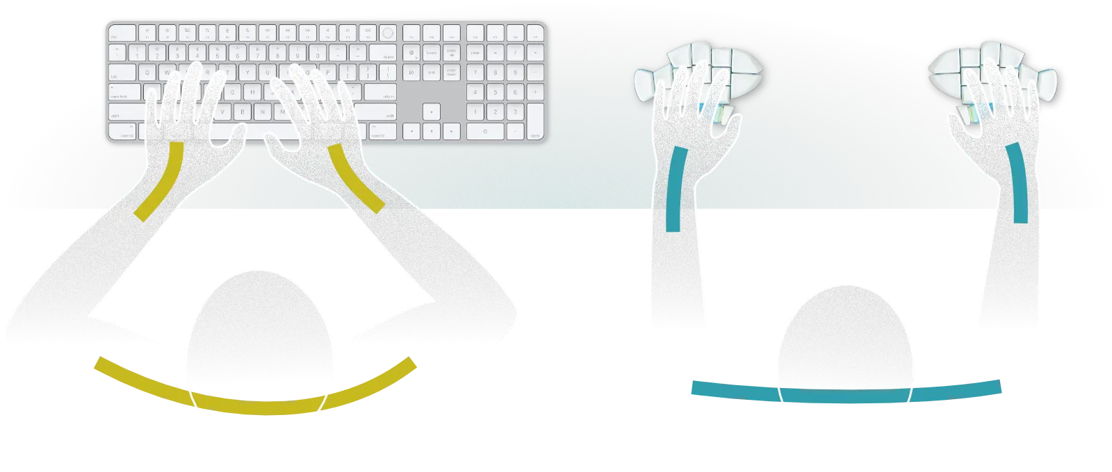 普通のキーボードとおさかなキーボードを打つときの姿勢の比較CG